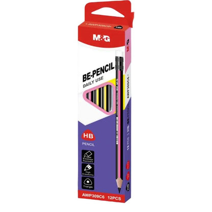 M&G Chenguang BE-PENCIL HB Wooden Pencils With Eraser – Triangular Grip, Break-Resistant, High Erasability, Pack of 12 - No: AWP309C6