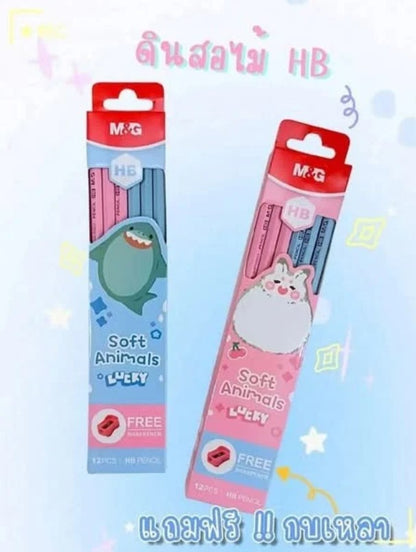 M&G Chenguang Soft Animals Lucky HB Wooden Pencils with Free Sharpener – 12-Pack, Break-Resistant, Easy to Sharpen, School & Office Use - No: AWP308G1