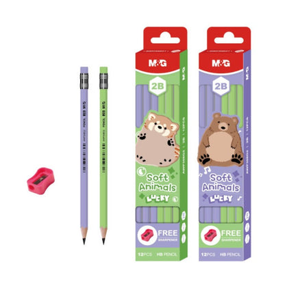 M&G Chenguang Soft Animals Lucky 2B Wooden Pencils with Free Sharpener – 12-Pack, Break-Resistant, Easy to Sharpen, School & Drawing Use - No: AWP308G2