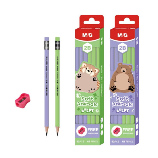 M&G Chenguang Soft Animals Lucky 2B Wooden Pencils with Free Sharpener – 12-Pack, Break-Resistant, Easy to Sharpen, School & Drawing Use - No: AWP308G2