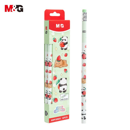 M&G Chenguang Stay Creative 2B Wooden Pencils with Eraser – 12-Pack, Cute Panda Design, Break-Resistant, Smooth Writing - No: AWP309D5