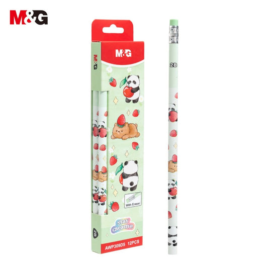 M&G Chenguang Stay Creative 2B Wooden Pencils with Eraser – 12-Pack, Cute Panda Design, Break-Resistant, Smooth Writing - No: AWP309D5