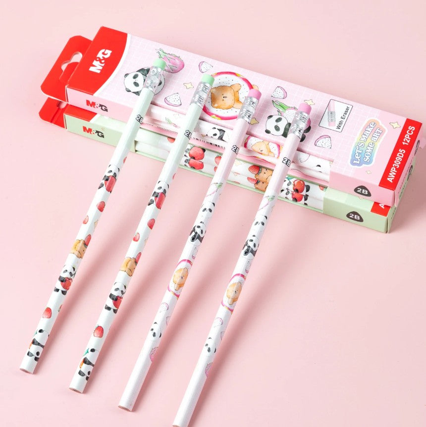 M&G Chenguang Stay Creative 2B Wooden Pencils with Eraser – 12-Pack, Cute Panda Design, Break-Resistant, Smooth Writing - No: AWP309D5