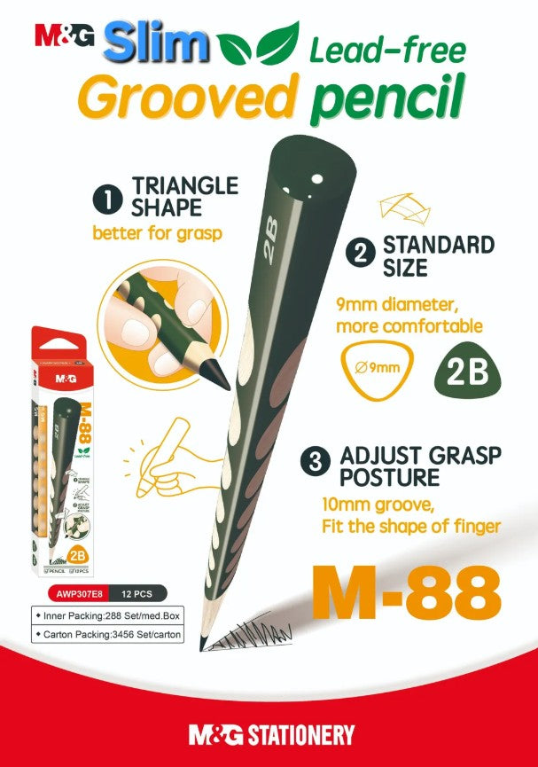 M&G Chenguang M-88 Lead-Free Grooved 2B Triangular Wooden Pencils – Ergonomic Grip, Break-Resistant, 12-Pack, School & Office Use - No: AWP307E8
