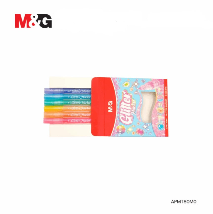 M&G Chenguang Glitter Markers Set – 6 Pastel Glitter Colours, Premium Fine Tip, Quick Dry, Liquid Glitter Ink for Crafts, Cards & Creative Art - No: APMT80M0