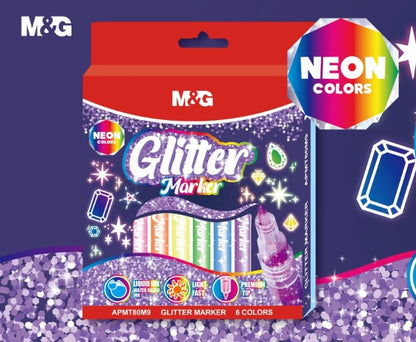 M&G Chenguang Glitter Markers Set – 6 Neon Glitter Colours, Premium Fine Tip, Quick Dry, Liquid Glitter Ink for Crafts, Cards & Creative Art - No: APMT80M9