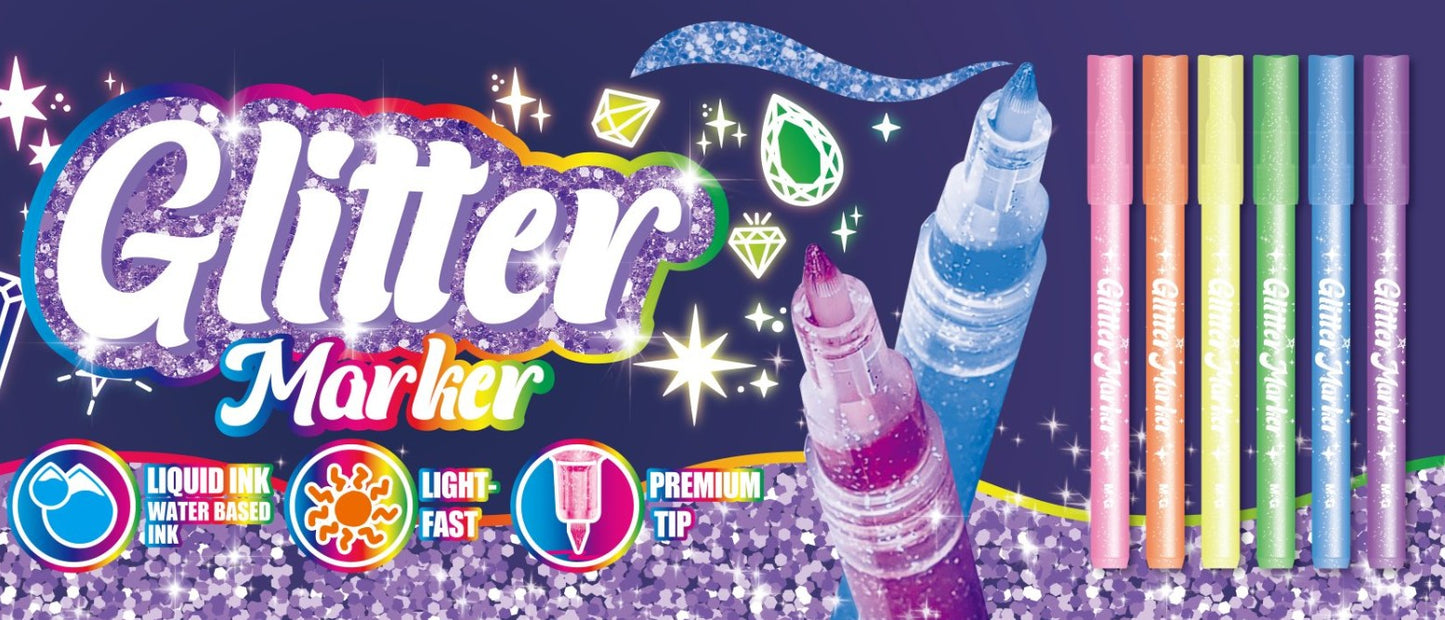M&G Chenguang Glitter Markers Set – 6 Neon Glitter Colours, Premium Fine Tip, Quick Dry, Liquid Glitter Ink for Crafts, Cards & Creative Art - No: APMT80M9