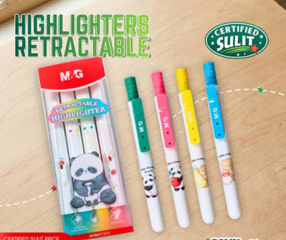 M&G Chenguang Retractable Highlighter Set – 4 Neon Colours, Chisel Tip, Quick-Dry Ink, Panda Design, Retractable Highlighters for School, Office & Study - No: AHM27373