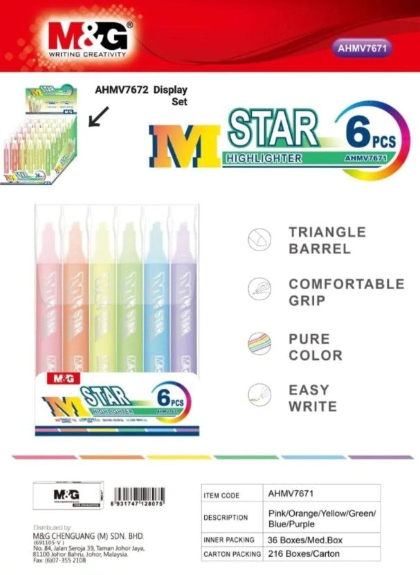 M&G Chenguang Highlighter Set – 6 Assorted Neon Colours, Chisel Tip, Quick-Drying Ink for Studying, Office & School - No: AHMV7602
