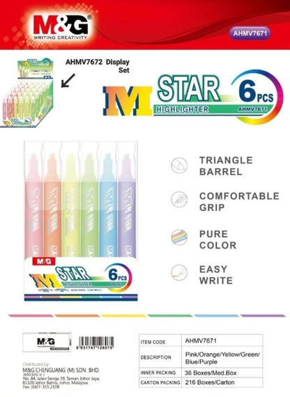 M&G Chenguang Highlighter Set – 6 Assorted Neon Colours, Chisel Tip, Quick-Drying Ink for Studying, Office & School - No: AHMV7602