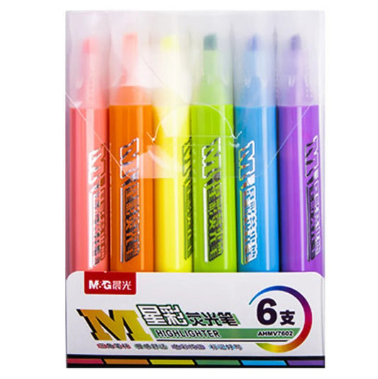 M&G Chenguang Highlighter Set – 6 Assorted Neon Colours, Chisel Tip, Quick-Drying Ink for Studying, Office & School - No: AHMV7602
