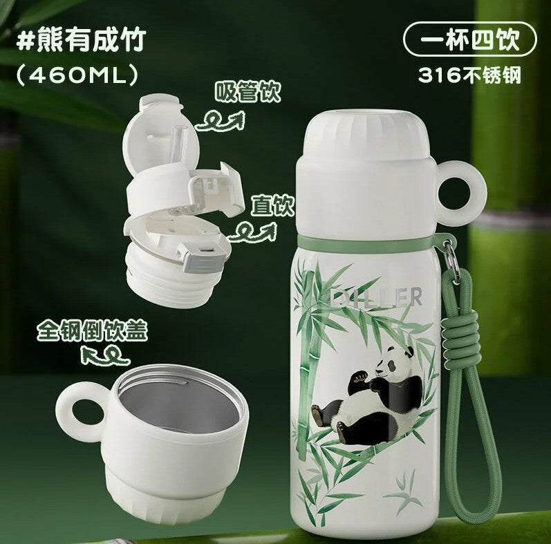 DILLER Panda Vacuum Insulated Stainless Steel Water Bottle and Cup with Strap – 460ml Leakproof Travel Flask