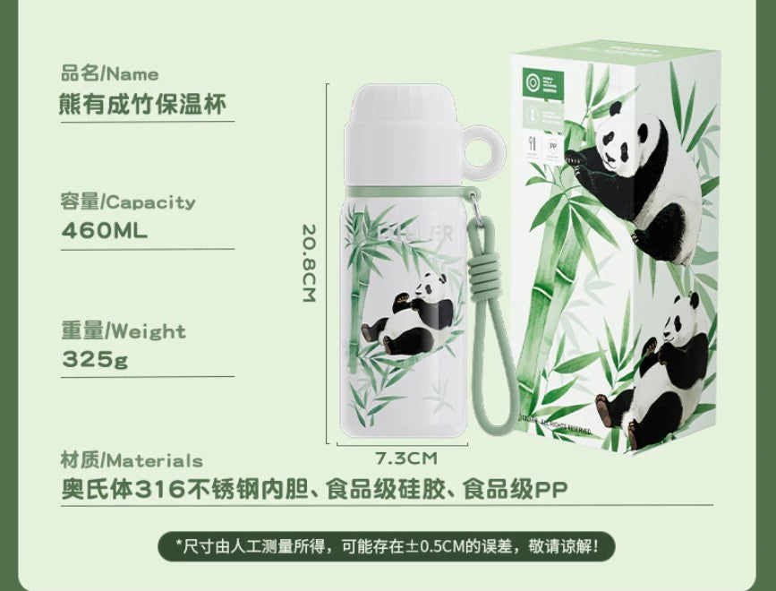 DILLER Panda Vacuum Insulated Stainless Steel Water Bottle and Cup with Strap – 460ml Leakproof Travel Flask