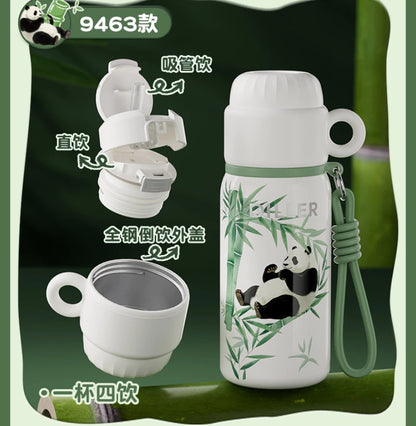 DILLER Panda Vacuum Insulated Stainless Steel Water Bottle and Cup with Strap – 460ml Leakproof Travel Flask