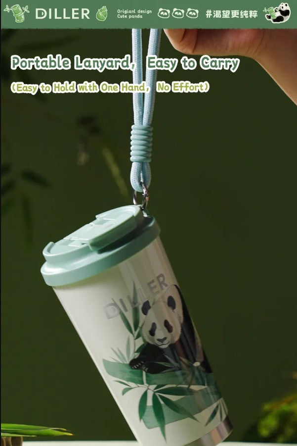 DILLER Panda Vacuum Insulated Travel Tumbler with Lid & Carry Strap – 560ml