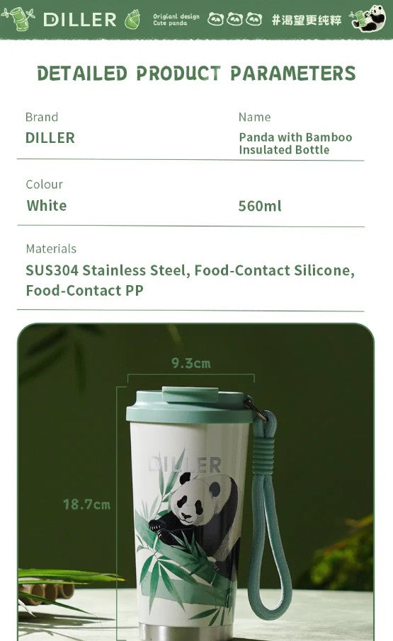 DILLER Panda Vacuum Insulated Travel Tumbler with Lid & Carry Strap – 560ml