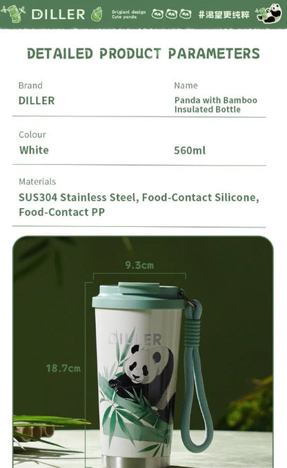 DILLER Panda Vacuum Insulated Travel Tumbler with Lid & Carry Strap – 560ml