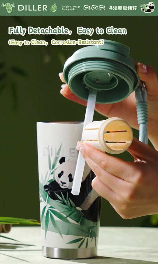DILLER Panda Vacuum Insulated Travel Tumbler with Lid & Carry Strap – 560ml