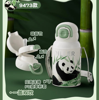 DILLER Panda Vacuum Insulated Water Bottle with Protective Sleeve & Shoulder Strap – 520ml
