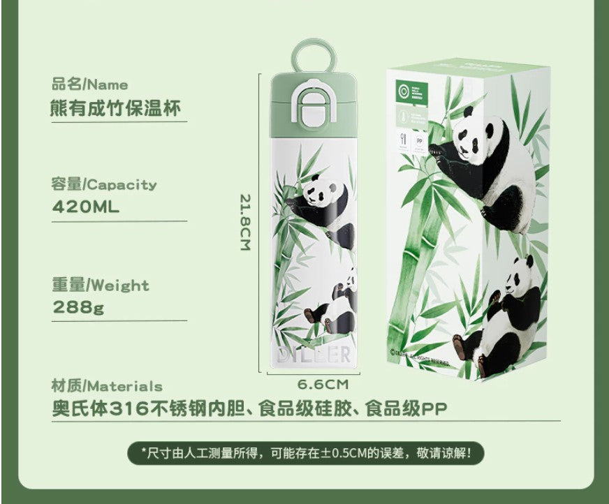 DILLER Panda Vacuum Insulated Water Bottle 420ml – Stainless Steel Thermal Flask with One-Touch Lid