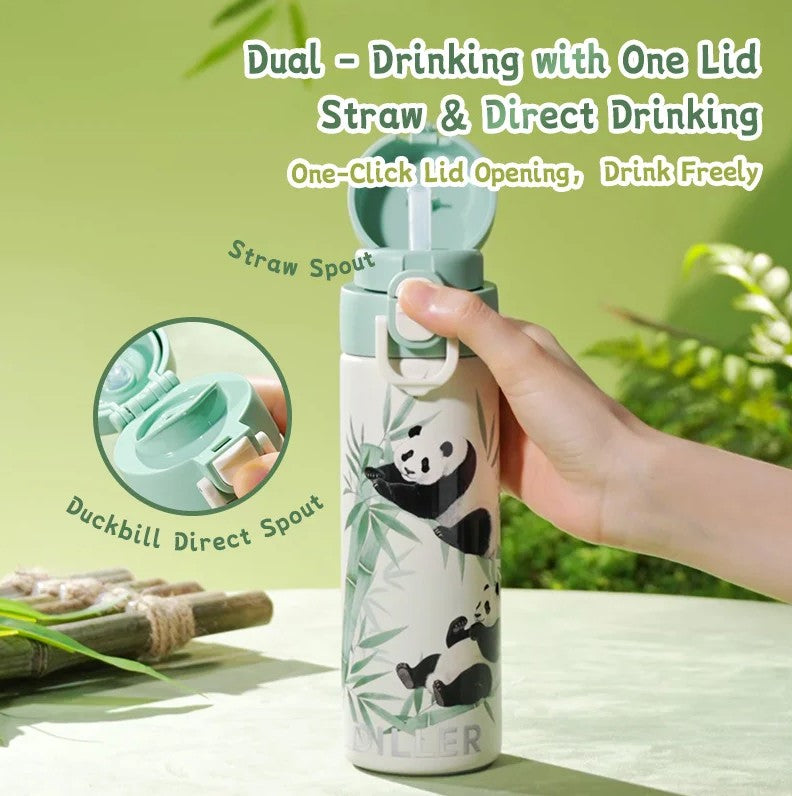 DILLER Panda Vacuum Insulated Water Bottle 420ml – Stainless Steel Thermal Flask with One-Touch Lid