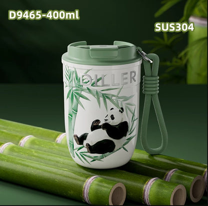 DILLER Panda Vacuum Insulated Travel Mug with Lid & Wrist Strap – 400ml | Stainless Steel Thermal Coffee Cup