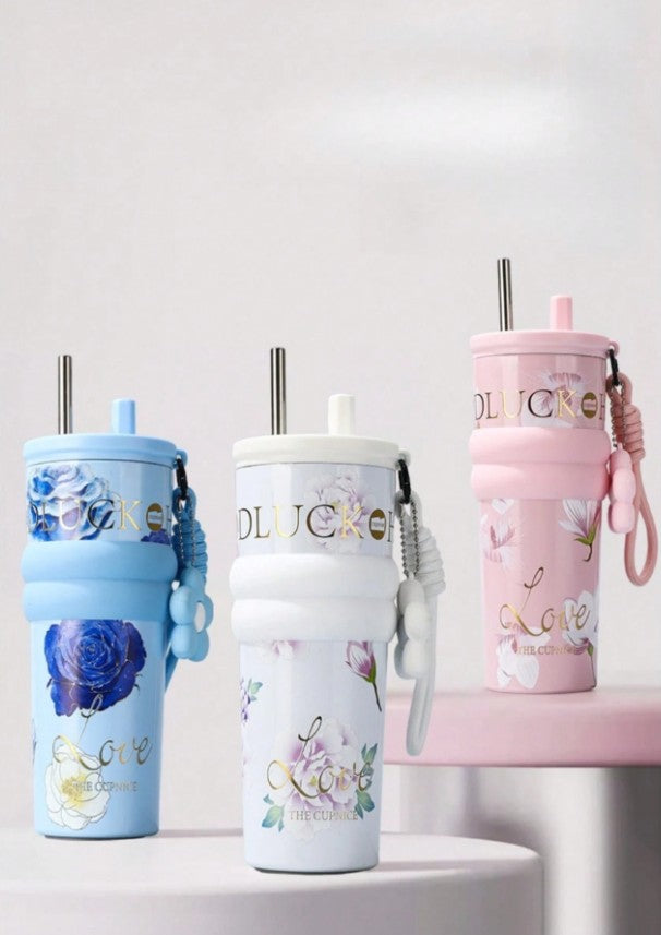 710ml Vacuum Insulated Tumbler with Straw & Handle – Leakproof Stainless Steel Travel Cup with Carry Strap
