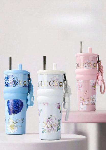 710ml Vacuum Insulated Tumbler with Straw & Handle – Leakproof Stainless Steel Travel Cup with Carry Strap