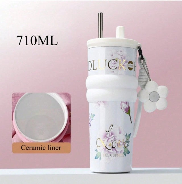 710ml Vacuum Insulated Tumbler with Straw & Handle – Leakproof Stainless Steel Travel Cup with Carry Strap