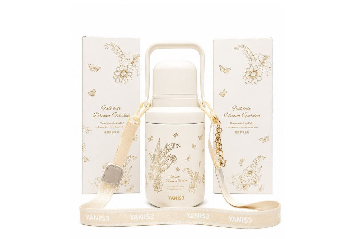 YANIS3 Dream Garden Vacuum Insulated Water Bottle with Shoulder Strap – 800ml – Cream