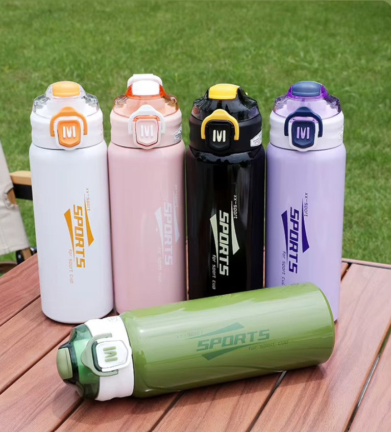 Sports Stainless Steel Water Bottle 600ml | Leak Proof Vacuum Insulated Flask | Hot & Cold Thermos Bottle with Strap for Gym, School, Office & Travel