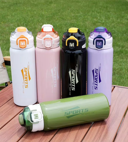 Sports Stainless Steel Water Bottle 600ml | Leak Proof Vacuum Insulated Flask | Hot & Cold Thermos Bottle with Strap for Gym, School, Office & Travel