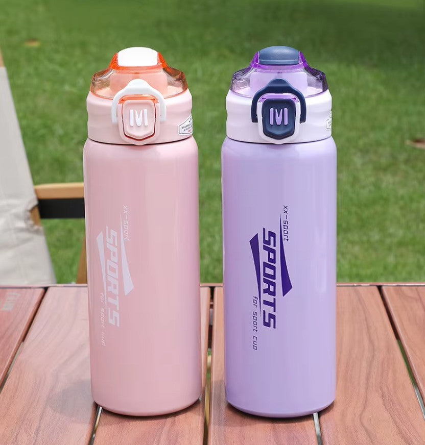 Sports Stainless Steel Water Bottle 600ml | Leak Proof Vacuum Insulated Flask | Hot & Cold Thermos Bottle with Strap for Gym, School, Office & Travel