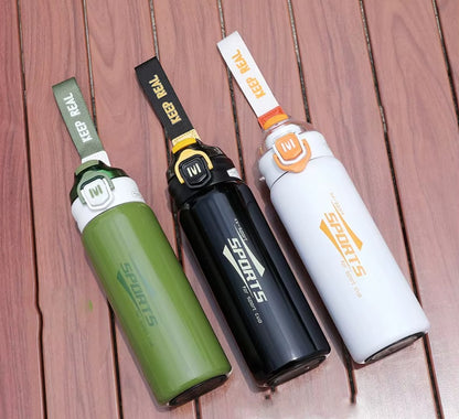 Sports Stainless Steel Water Bottle 600ml | Leak Proof Vacuum Insulated Flask | Hot & Cold Thermos Bottle with Strap for Gym, School, Office & Travel