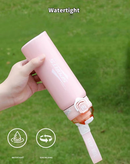 Sports Stainless Steel Water Bottle 600ml | Leak Proof Vacuum Insulated Flask | Hot & Cold Thermos Bottle with Strap for Gym, School, Office & Travel