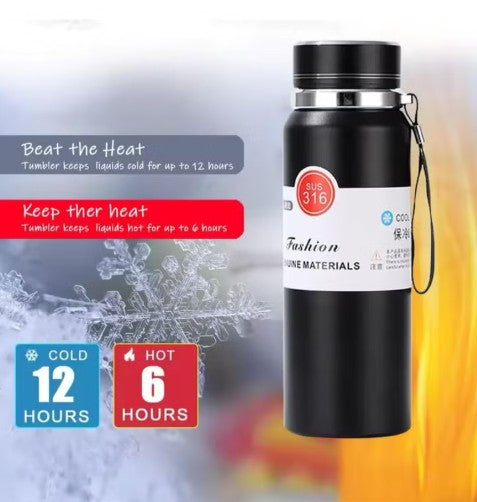 800ml Sports Vacuum Insulated Flask – Stainless Steel Thermal Bottle with Carry Strap | Hot & Cold Water Bottle