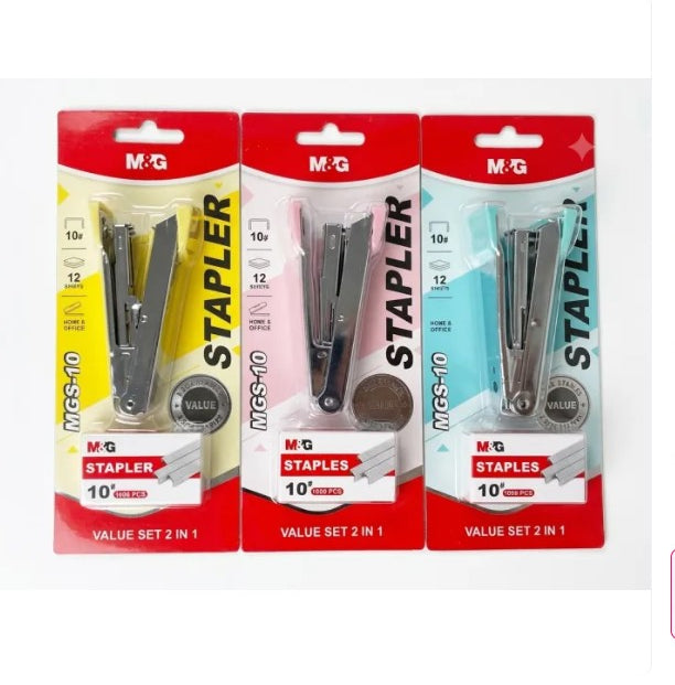 M&G Chenguang MG-10 Compact Metal Stapler Set with 1000 No. 10 Staples – 2-in-1 Value Set, Assorted Colors - 1pcs - No: ABS916ME