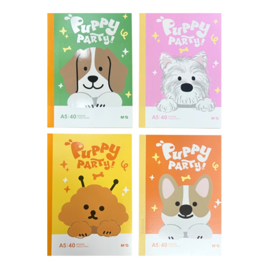 M&G Chenguang A5 Glue Book  – Ruled Notebook, 40 Sheets, 148 × 210 mm, Assorted Puppy Party Designs - 40 Sheets - No: APNBC043