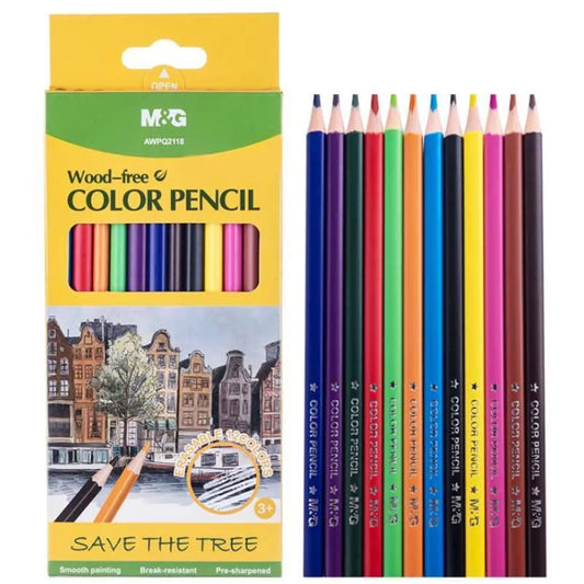 M&G Chenguang Wood-Free Color Pencils Set – 12 Assorted Colors, Pre-Sharpened, Smooth & Break-Resistant, No: AWPQ2118