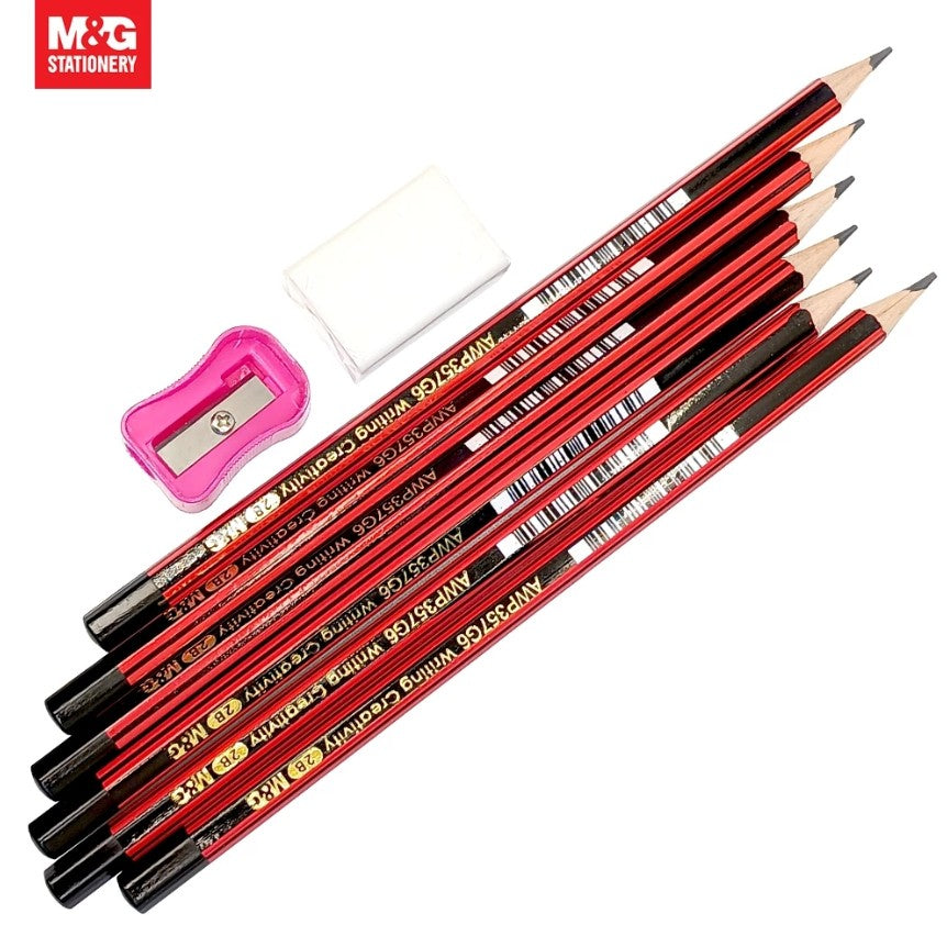 M&G Chenguang 2B Graphite Pencils – Pack of 12, Break-Resistant Lead, Easy to Sharpen, Includes Free Eraser & Sharpener - No: AWP357G6