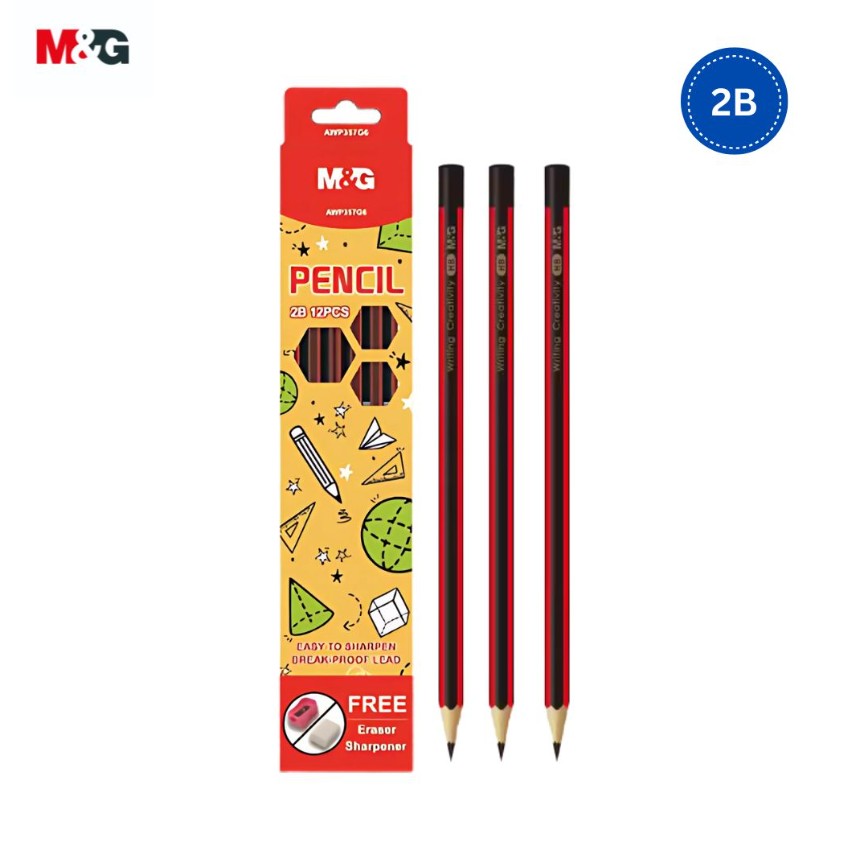 M&G Chenguang 2B Graphite Pencils – Pack of 12, Break-Resistant Lead, Easy to Sharpen, Includes Free Eraser & Sharpener - No: AWP357G6