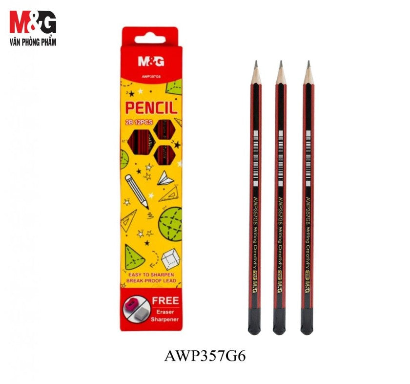 M&G Chenguang 2B Graphite Pencils – Pack of 12, Break-Resistant Lead, Easy to Sharpen, Includes Free Eraser & Sharpener - No: AWP357G6