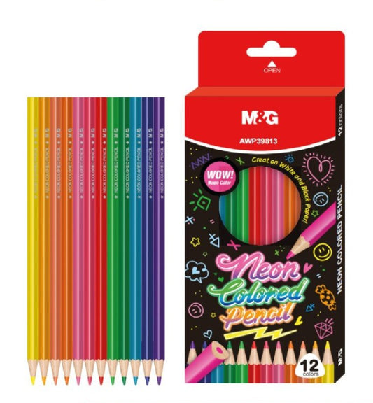 M&G Chenguang Neon Colored Pencils, 12 Assorted Bright Colors, Smooth Drawing & Coloring Pencils for White and Black Paper - No: AWP39813