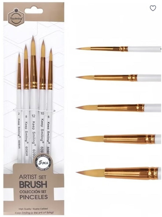 Keep Smiling 5-Piece Artist Paint Brush Set – Assorted Round & Detail Brushes for Watercolor, Acrylic & Art Painting - No: