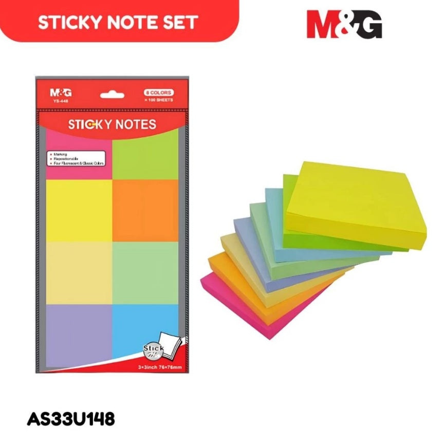 M&G Chenguang Sticky Notes Set, 8 Colors, 800 Sheets, 76 × 76 mm Self-Adhesive Memo Notes - 1pcs- No: AS33U148