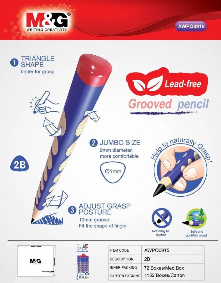 M&G Chenguang umbo Triangular Grooved Pencil (2B) Ergonomic Hole Design Pencil Grip Practicing for School Students, Beginners 2B- 1pcs - No: AWPQ0915