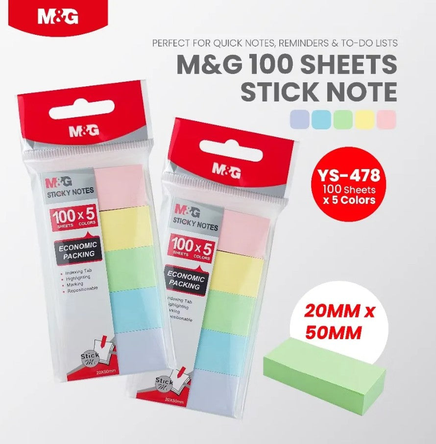 M&G Chenguang Sticky Notes 5 Pastel Colors 100 Sheets x 5 Colors, 20 x 50mm Indexing Tabs - 1pcs - No: YS-478