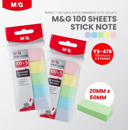 M&G Chenguang Sticky Notes 5 Pastel Colors 100 Sheets x 5 Colors, 20 x 50mm Indexing Tabs - 1pcs - No: YS-478