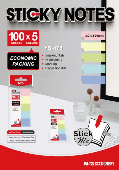 M&G Chenguang Sticky Notes 5 Pastel Colors 100 Sheets x 5 Colors, 20 x 50mm Indexing Tabs - 1pcs - No: YS-478
