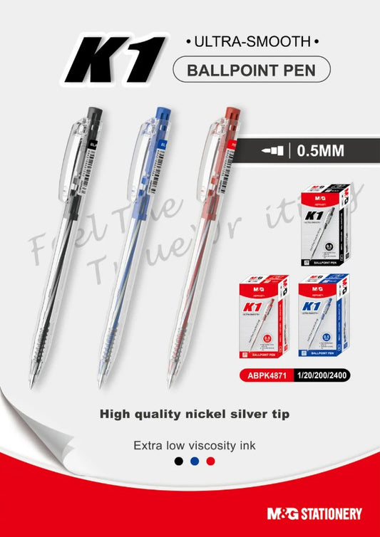 M&G Chenguang K1 Ultra-Smooth Ballpoint Pen 0.5mm – Black, Blue & Red Ink – 1pcs - No: ABPK4871